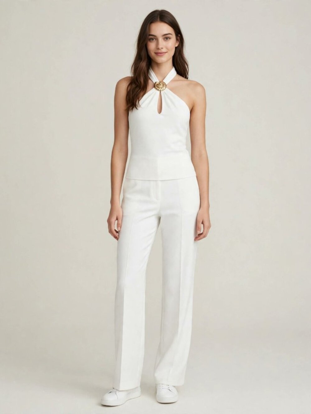 White Gold Ring Halter Neck Crop Top Going Out — M